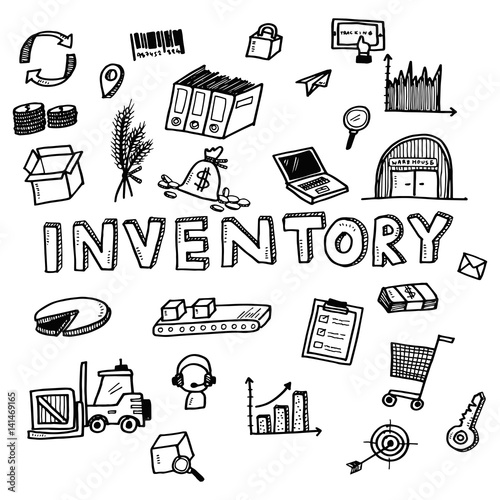 Hand draw inventory business doodles icon set for global transportation import,export and logistic business concept.