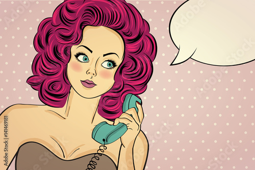 Sexy pop art woman in party dress talking on a retro phone and smile