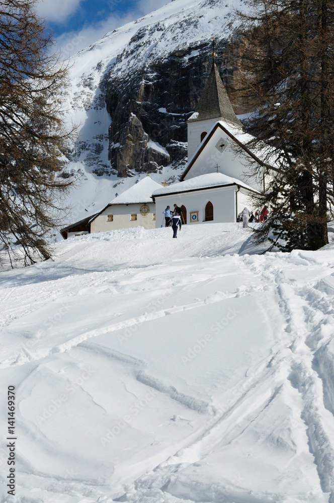 Sasso della Croce - Ospizio Santa Croce - Chiesa Santa Croce under Sasso della Croce Group in the Italian Dolomites, Trentino, Italy Sasso della Croce - Ospizio Santa Croce - Chiesa Santa Croce under Sasso della Croce Group in the Italian Dolomites, Trentino, Italy