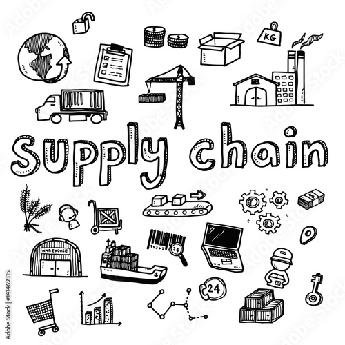 Hand draw supply chain business doodles icon set for global transportation import,export and logistic business concept.