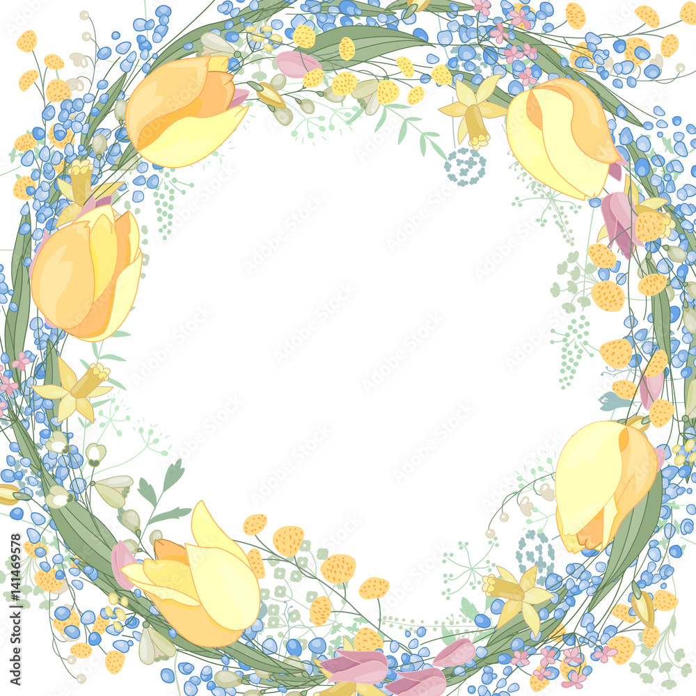 Round blank frame with pretty flowers muscari, tulips and daffodils. Festive floral circle for your season design.
