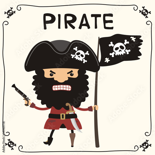Angry pirate with jolly roger in cartoon style. Isolated pirate with pirated flag in black cocked hat with skull.