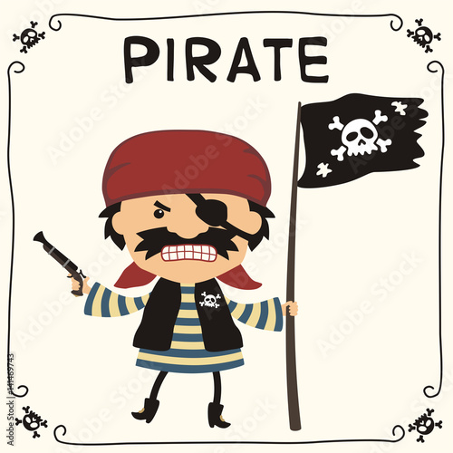 Angry pirate with pirated flag jolly roger in cartoon style. Isolated pirate in red bandana with bandage on eye.