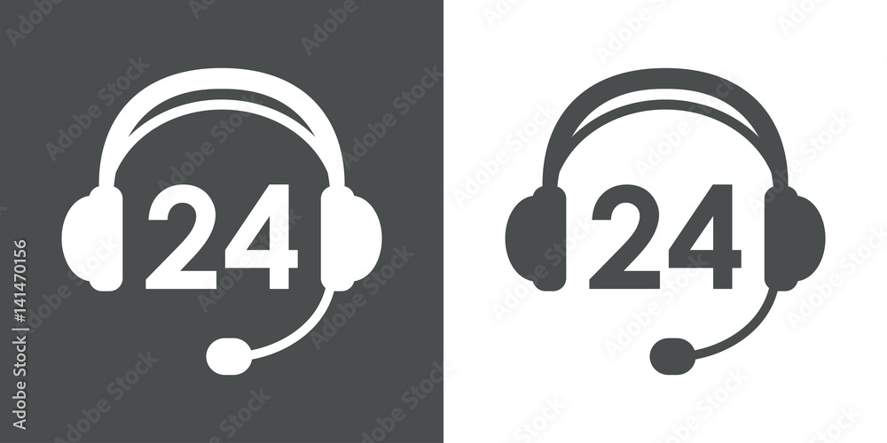 Icono plano texto 24 en auriculares con microfono gris y blanco Icono plano texto 24 en auriculares con microfono gris y blanco