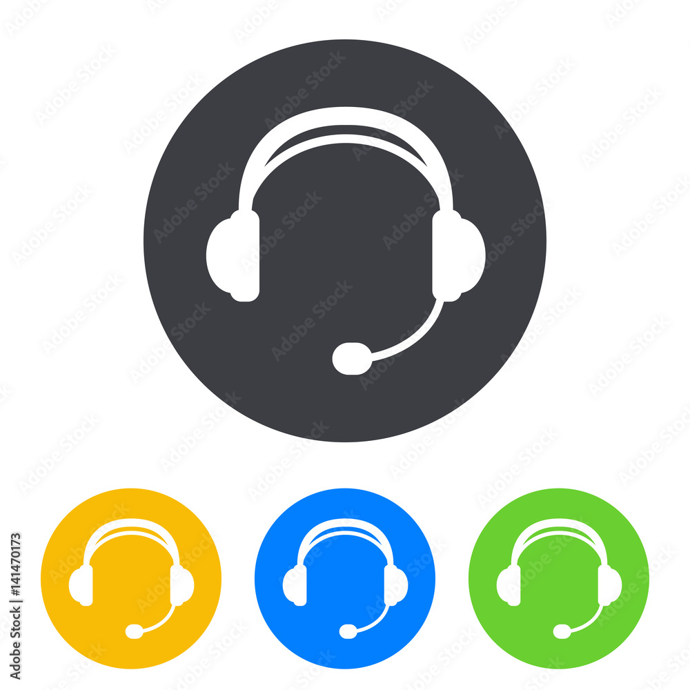 Icono plano auriculares con microfono en circulo varios colores