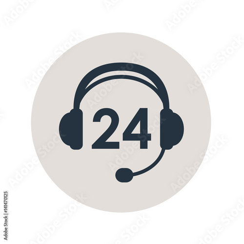 Icono plano texto 24 en auriculares con microfono en circulo gris