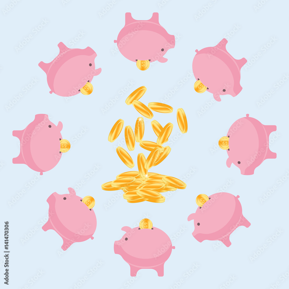 Piggy bank for coins. pink pig and gold coins. Flat vector illustration EPS 10. Piggy bank for coins. pink pig and gold coins. Flat vector illustration EPS 10.