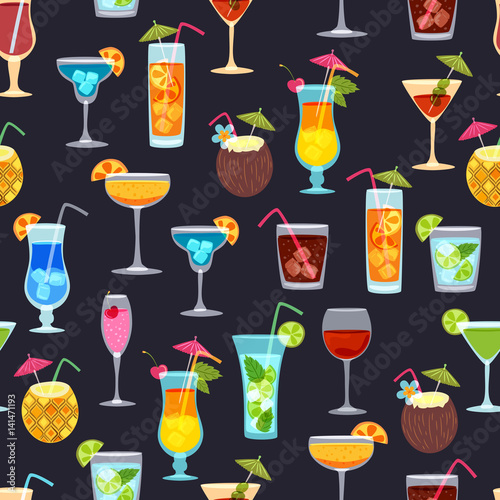 Vector seamless black pattern with tropical cocktails, juice, wine and champagne glass. Doodle background with beverages. Design for summer beach party, bar menu of alcohol drinks or wine list.