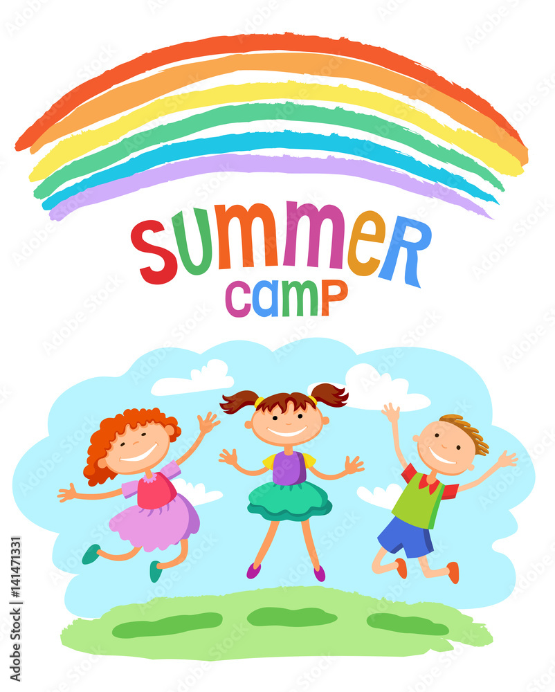 Kids jumping with joy on a hill under rainbow, colorful cartoon Kids jumping with joy on a hill under rainbow, colorful cartoon