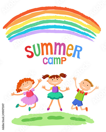Kids jumping with joy on a hill under rainbow, colorful cartoon