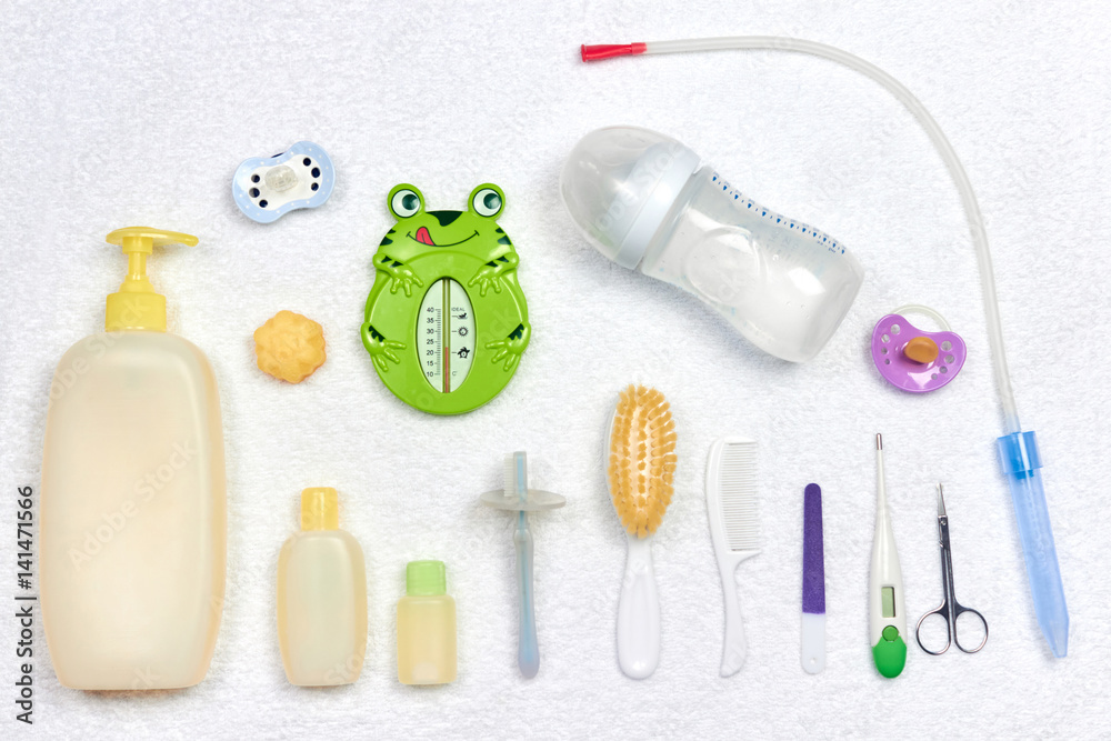 Obraz premium baby organic cosmetic for bath on white bakground top view