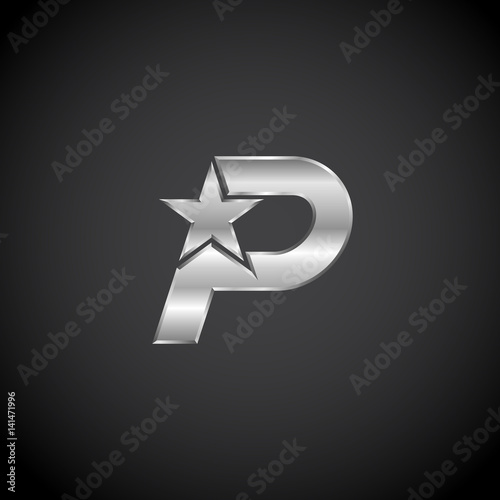 Letter P Star with metallic texture,3d Glossy, metal texture, Silver, steel logotype