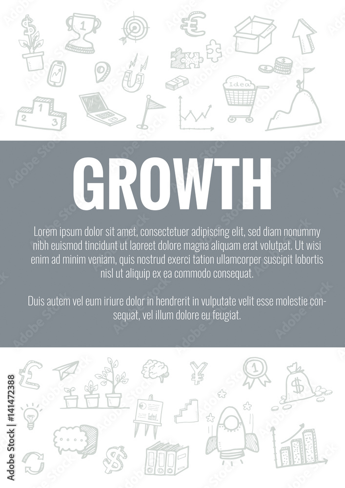 Vector template for growth theme with hand drawn doodles business icon in background.Concept for business idea,startup and innovation internet of things technology.