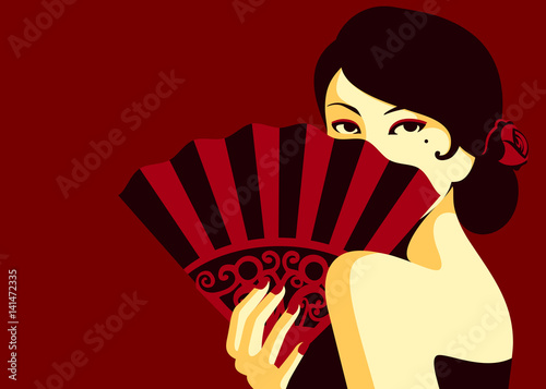 Obraz na plátně Glamorous flamenco fashion woman sensual look hiding behind fan minimal flat des
