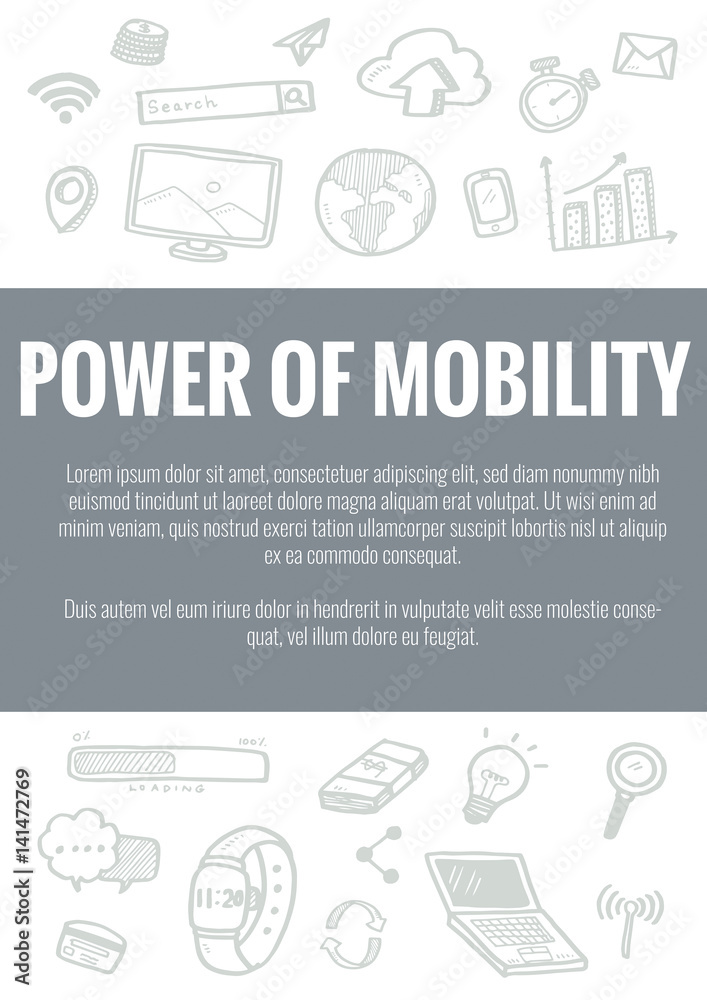 Vector template for power of mobility theme with hand drawn doodles business icon in background.Concept for business idea,startup and innovation internet of things technology.
