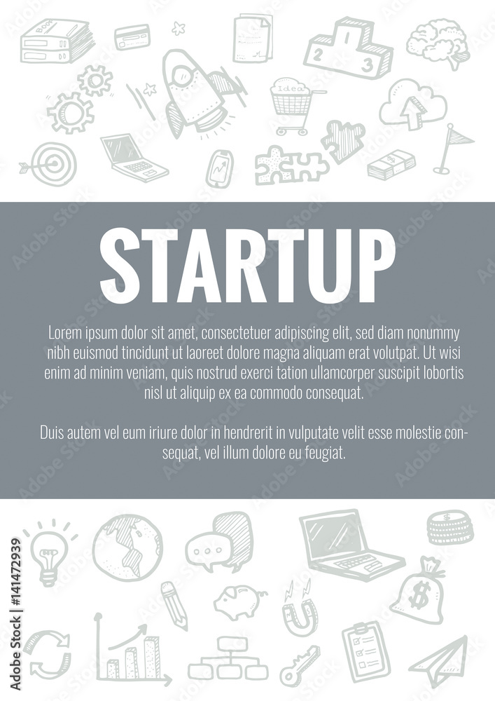 Vector template for startup theme with hand drawn doodles business icon in background.Concept for business idea,startup and financial. Vector template for startup theme with hand drawn doodles business icon in background.Concept for business idea,startup and financial.