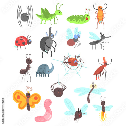 Cute Friendly Insects Set With Cartoon Bugs, Beetles, Flies, Spiders And Other Small Animals