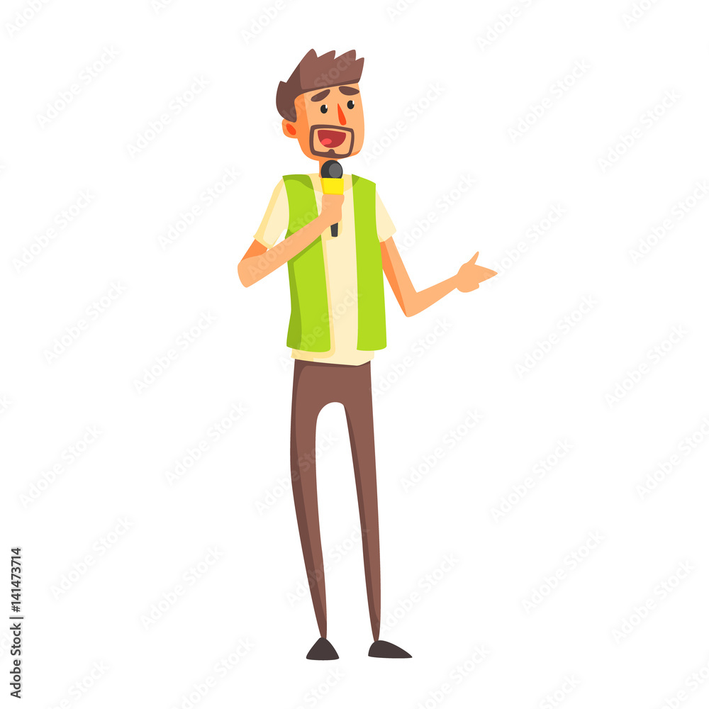 Journalist In Green Vest Asking Quesion On Press Conference, Official Press Reporter Working, Collecting Information And Making News, Part Of Journalism Set Of Illustrations Journalist In Green Vest Asking Quesion On Press Conference, Official Press Reporter Working, Collecting Information And Making News, Part Of Journalism Set Of Illustrations