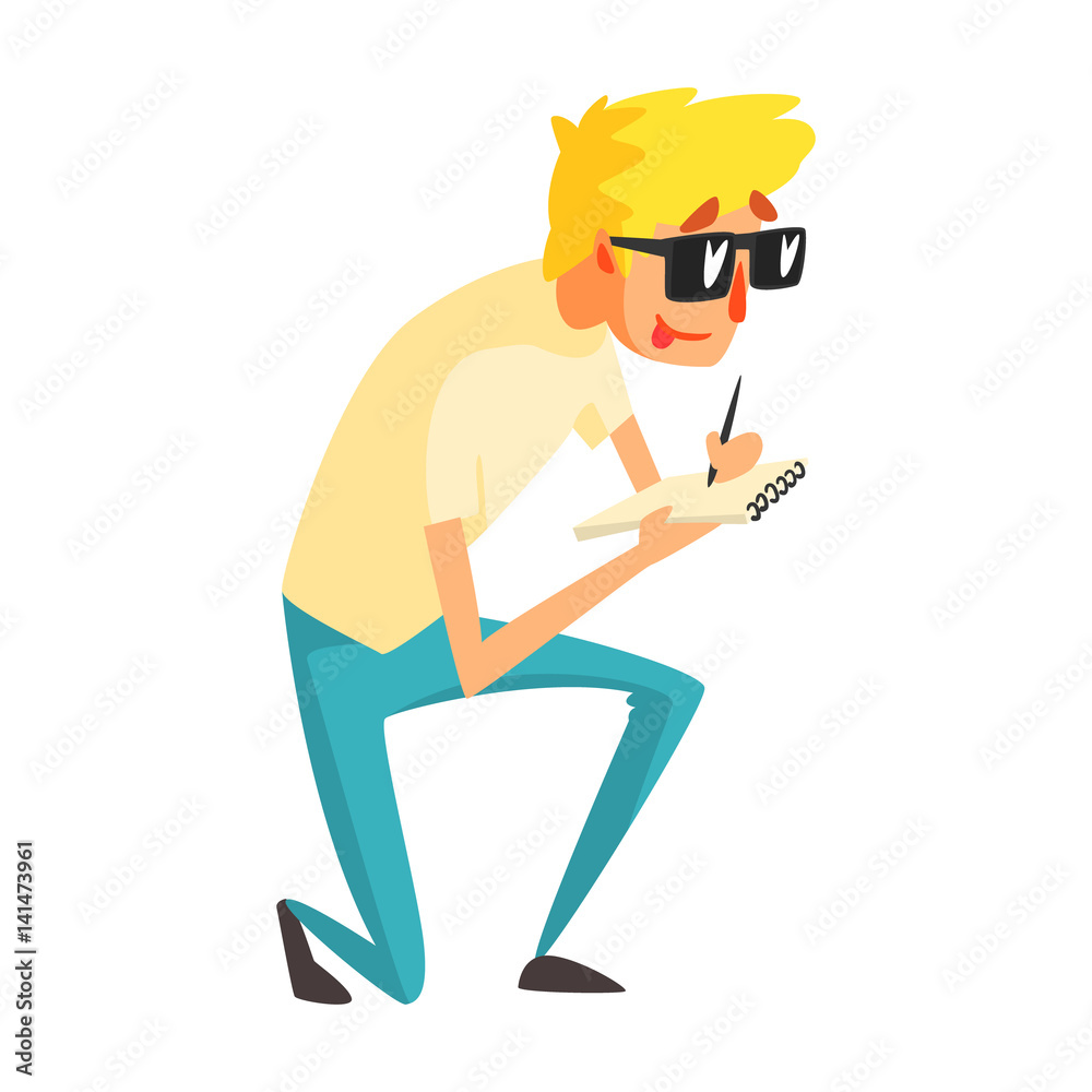 Guy Journalist In Shades Writing Down, Official Press Reporter Working, Collecting Information And Making News, Part Of Journalism Set Of Illustrations Guy Journalist In Shades Writing Down, Official Press Reporter Working, Collecting Information And Making News, Part Of Journalism Set Of Illustrations