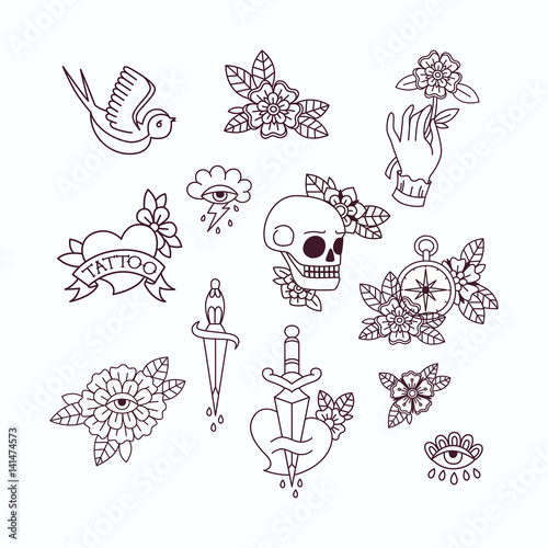 Old School Tattoo Elements. Set of Vintage Tattoos.