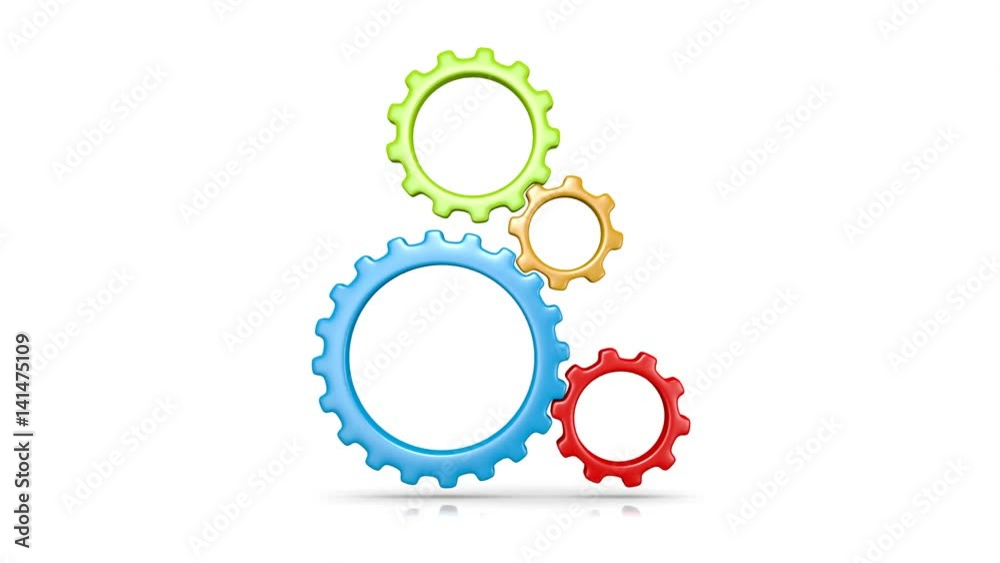 Four Empty Colorful Gears Rotating Isolated on White Background, Seamless 3D Animation Loop with Alpha Channel