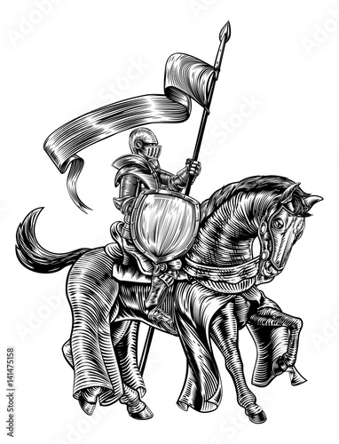 Knight on Horse Vintage Woodcut Engraving