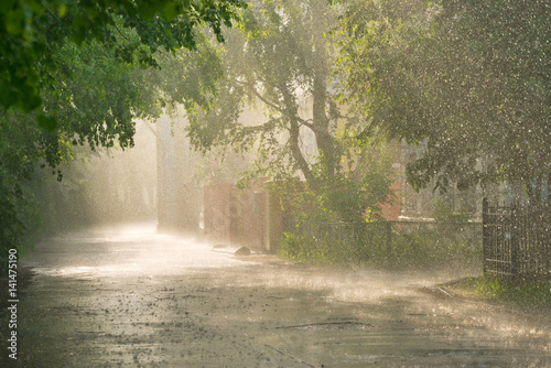 Torrential rain and sunlight on the street. photo