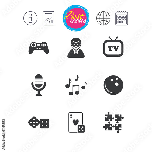 Entertainment icons. Game, bowling and puzzle.