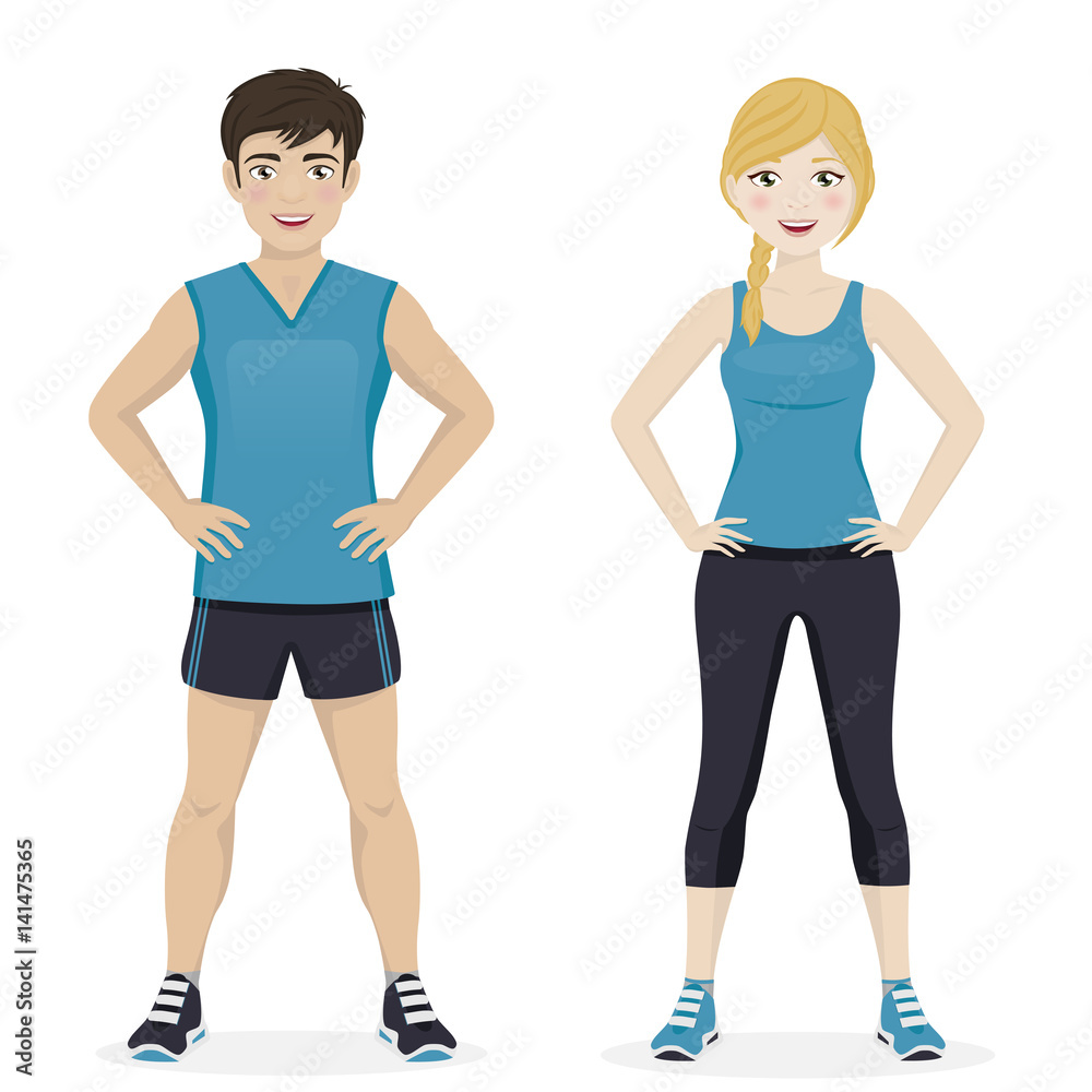 Man and woman playing sport with blue sportswear Man and woman playing sport with blue sportswear