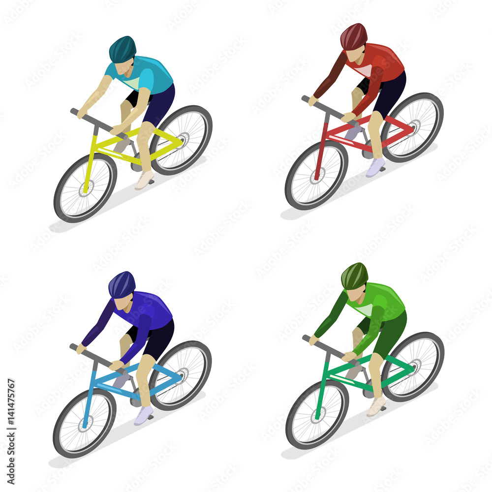 Obraz premium Isometric flat group of cyclists man in road bicycle racing.