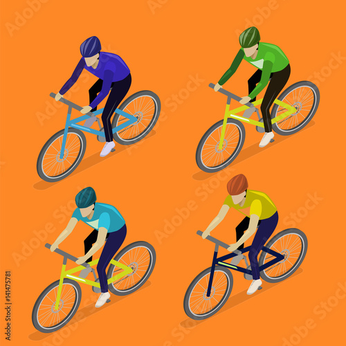 Isometric flat group of cyclists man in road bicycle racing.