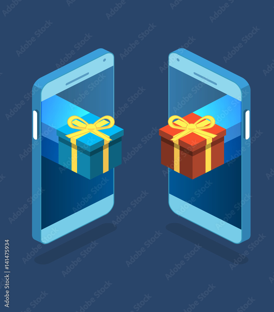 Isometric flat gift box on top of phone touch screen