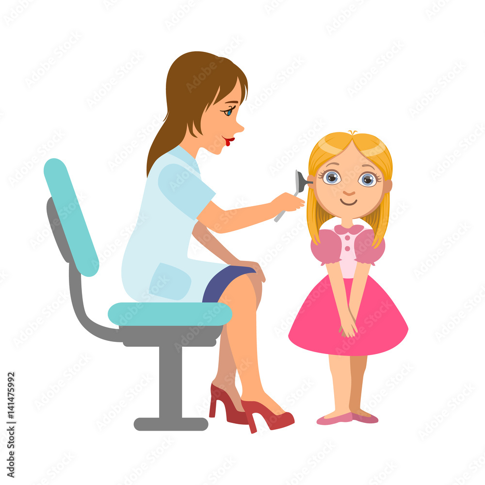 Otolaryngologist Checking Hearing Of A Little Girl, Part Of Kids Taking Health Exam Series Of Illustrations Otolaryngologist Checking Hearing Of A Little Girl, Part Of Kids Taking Health Exam Series Of Illustrations