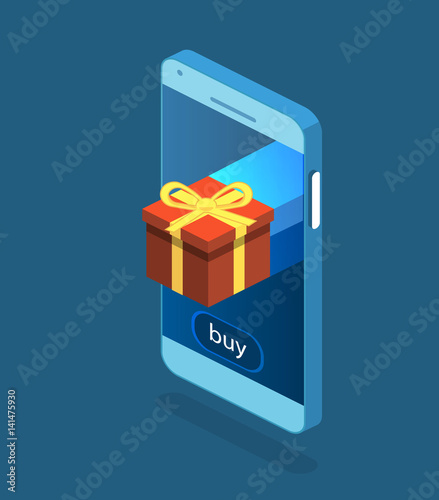 Isometric flat gift box on top of phone touch screen