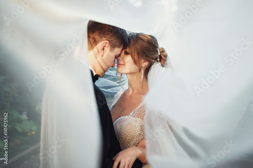Bride and groom lean to each other foreheads hugging under the veil