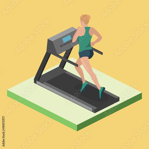 Isometric flat 3D isolated girl is running on the treadmill
