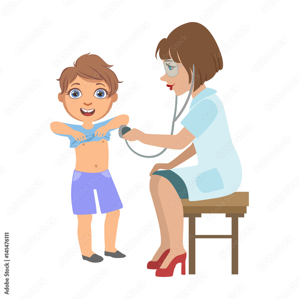 Therapist Checking Boys Lungs With Stethoscope, Part Of Kids Taking Health Exam Series Of Illustrations Therapist Checking Boys Lungs With Stethoscope, Part Of Kids Taking Health Exam Series Of Illustrations
