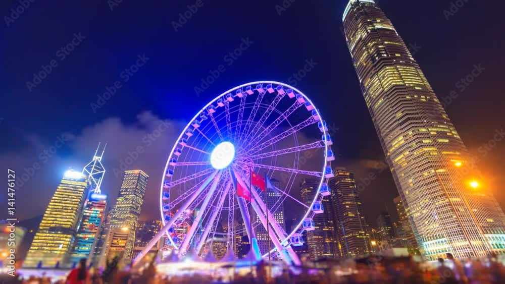 Night Hong Kong Observation Ferris Wheel Landmark Travel Places Of Hong Kong 4K Time Lapse (tilt up)