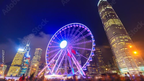 Night Hong Kong Observation Ferris Wheel Landmark Travel Places Of Hong Kong 4K Time Lapse (tilt up)
