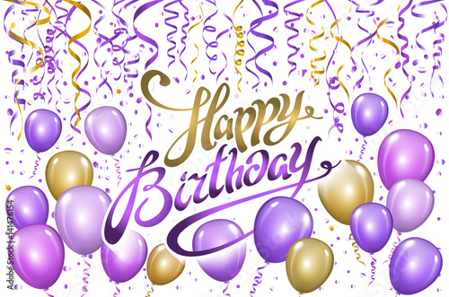 violet gold balloons happy birthday background. vector