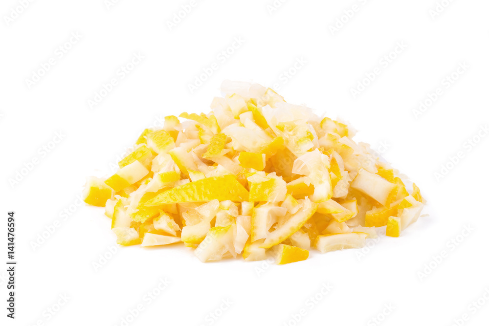 peel chopped lemon zest isolated on a white background peel chopped lemon zest isolated on a white background