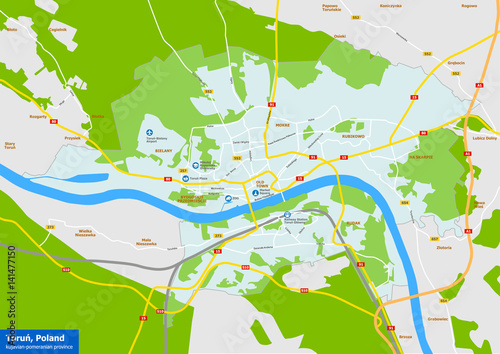 Vecor map of Torun city - Poland - kujawsko-pomorskie province - english labels photo
