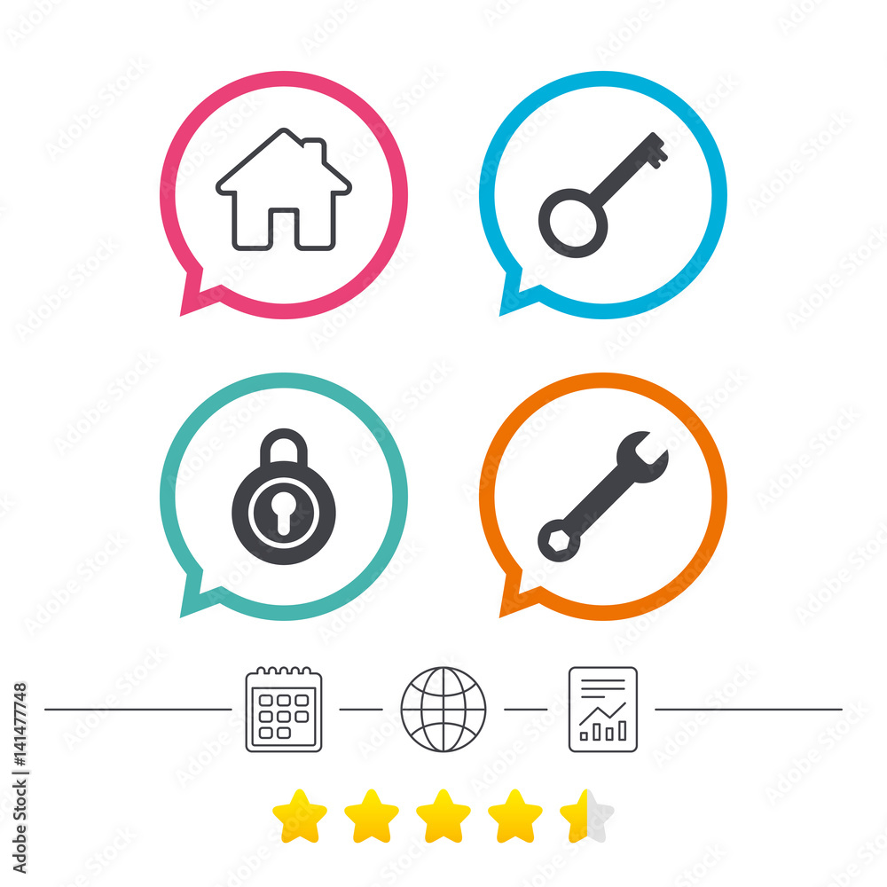Home key icon. Wrench service tool symbol. Home key icon. Wrench service tool symbol.