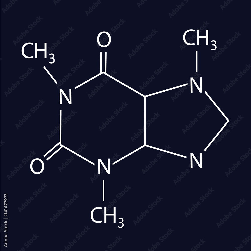 The chemical formula of caffeine (White on black background)