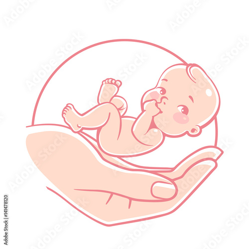 Baby care and health logo& Symbol of nursing, in vitro fertilization, childbearing, pregnancy. Mother's hands holding newborn. Concept of medicine help. Embryo in parents' hands.