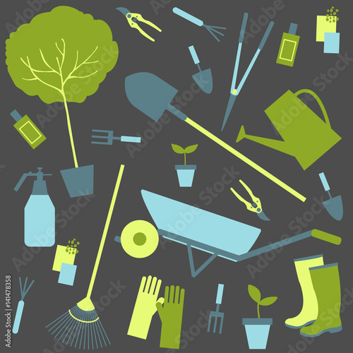 Garden tools. Watering can, bucket, secateurs, spade, rake, shovel, seeds, garden wheelbarrow, rubber boots, gloves. Vector pattern