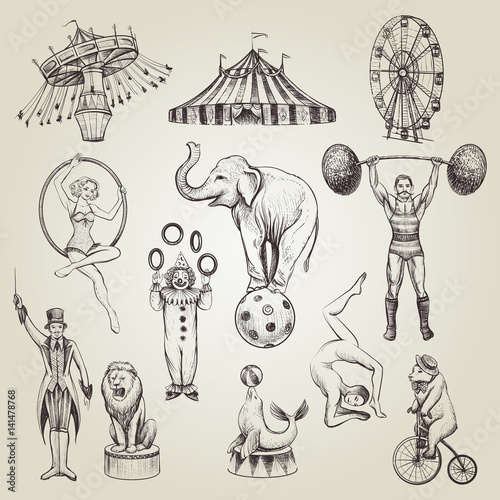 Circus vintage hand drawn vector illustrations set.