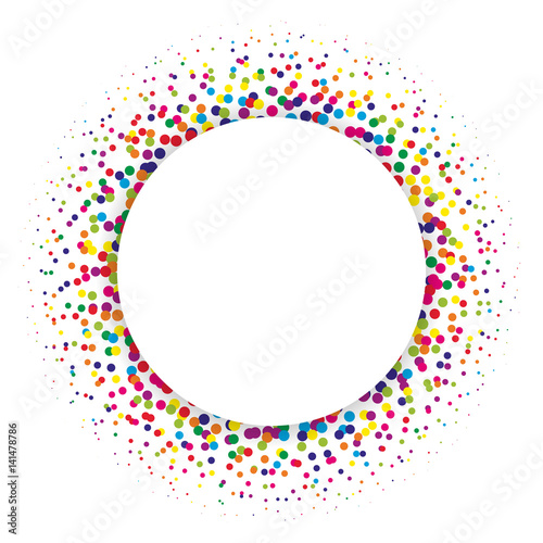 Ring of colorful dots scattered around. Modern design halftone element. Vector illustration.
