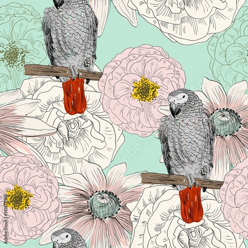 Vector sketch of a parrot with flowers. Hand drawn seamless pattern