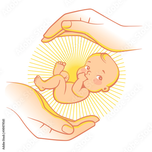 Baby care logo. Symbol of giving birth, pregnancy, adoption, in vitro fertilization. Concept go medical care of embryo and newborn,